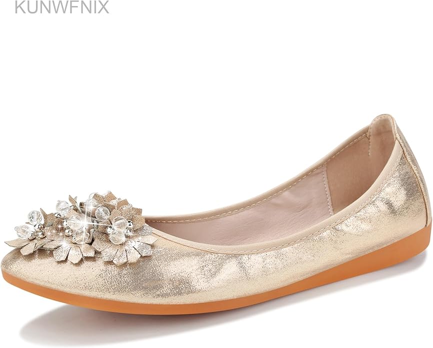 KUNWFNIX Women Ballet Flats Rhinestone Wedding Ballerina Shoes Foldable Sparkly Comfort Slip on Flat Shoes