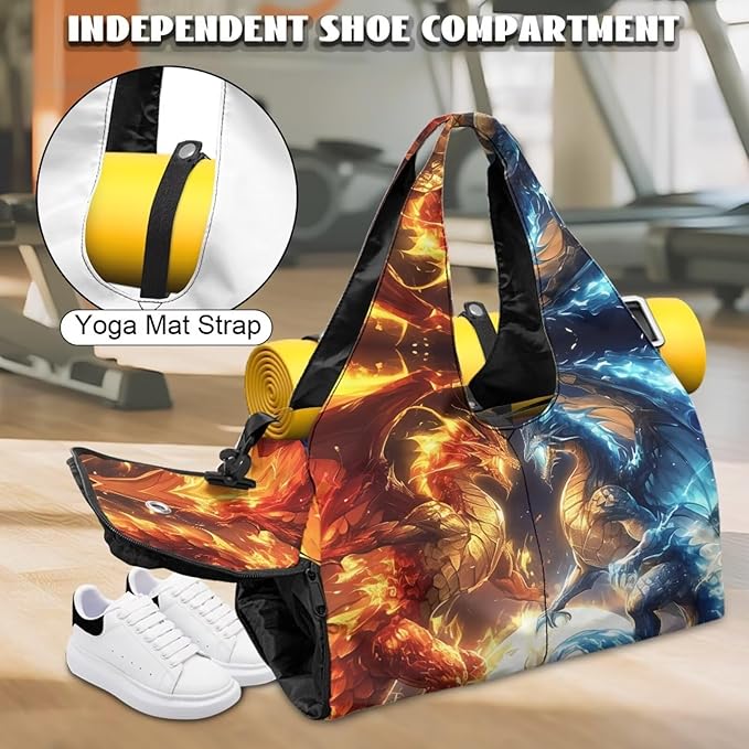 Novelty Sports Duffle Bag for Men Fire Dragon Gym Bag with Shoe Compartment Waterproof Large Capacity Sport Tote Bag with Adjustable Shoulder Strap Zipper Pockets,Yoga Mat Holder Bag