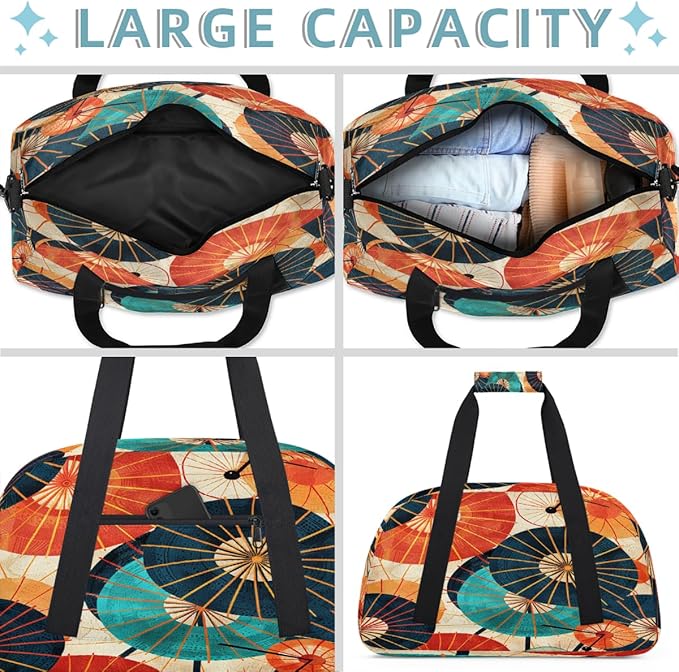 Duffle Bag for Women Men, Colorful Japanese Umbrella Print Gym Bag for Travel Sports, Lightweight Waterproof Weekender Overnight Bags with Adjustable Strap