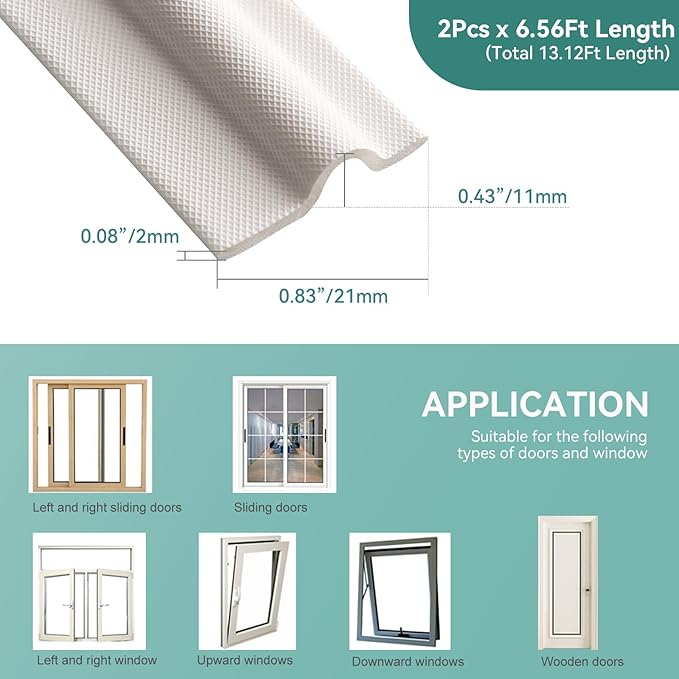 MOPMS Draft Stopper Sweep, Door Weatherproofing Stripping, Window Seal Strip Self-adhisive Soundproof Cuttable Weather Length 13.12 Ft (2 Pcs x 6.56 Ft), White