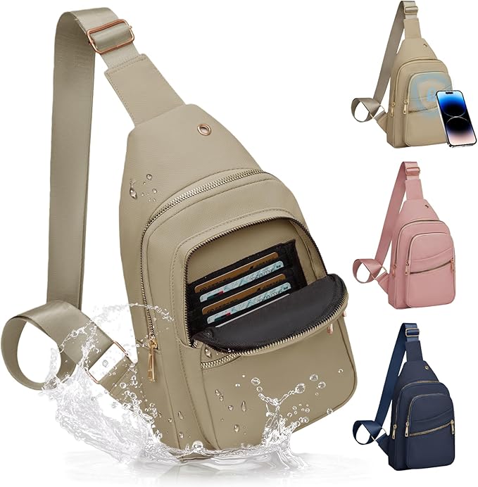 Small RFID Waterproof Sling Bag Travel Crossbody Bags for Women Men, Hands Free Lightweight Sling Backpack Chest Pack Daypack for Outdoors Hiking Traveling Fitness Commuting Cycling Khaki