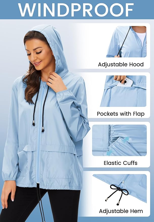 Zando Lightweight Rain Jacket Women Waterproof - Raincoat for Women Packable Rain coat Hooded Windbreaker for Travel Outdoor