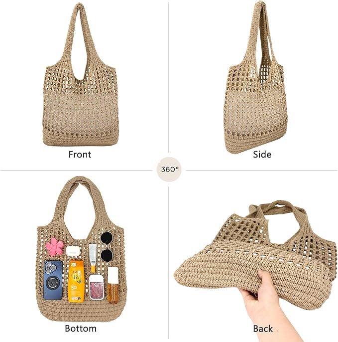 ENBEI Women Foldable Beach Tote, Washable Lightweight Beach Bag, Eco-Friendly Knit Shoulder Purse for Travel/Shopping/Gifts