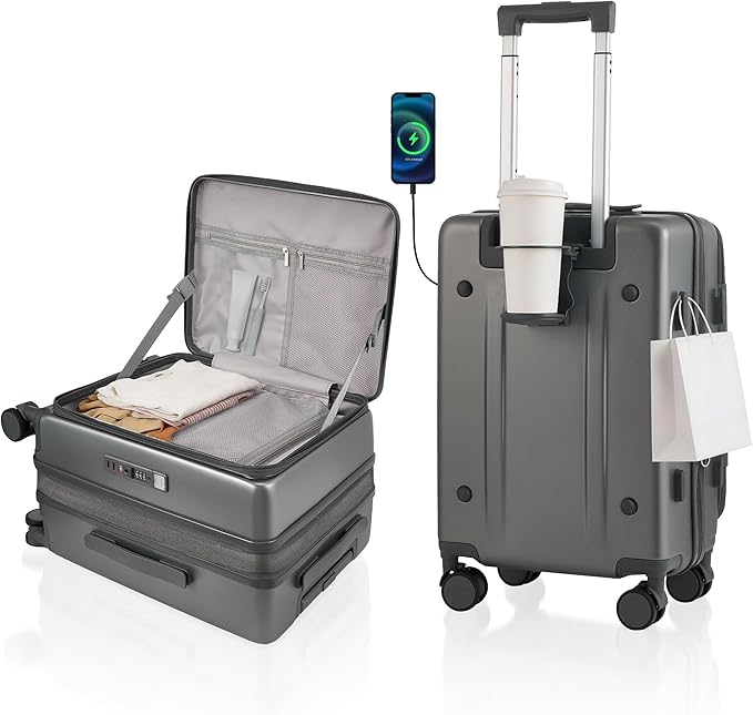 Expandable 20Inch Carry On Luggage Airline Approved - Top Opening Hardside Travel Suitcase Unbreakable -with Cup Holder,USB Charge,Side Pothook, 360°Spinner Wheels, TSA Lock-Grey