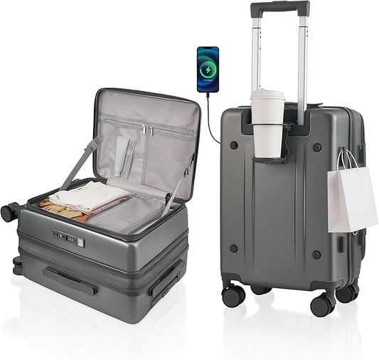 Expandable 20Inch Carry On Luggage Airline Approved - Top Opening Hardside Travel Suitcase Unbreakable -with Cup Holder,USB Charge,Side Pothook, 360°Spinner Wheels, TSA Lock-Grey