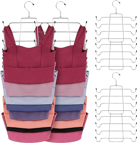 ZEDODIER 4 Pack Tank Top Hanger Space Saving, Bra Hangers for Closet Organizer, Hanging Bra Organizer Tank Tops Holder with 32 Hooks, Metal Closet Organizers and Storage Small Space Solutions, Silver