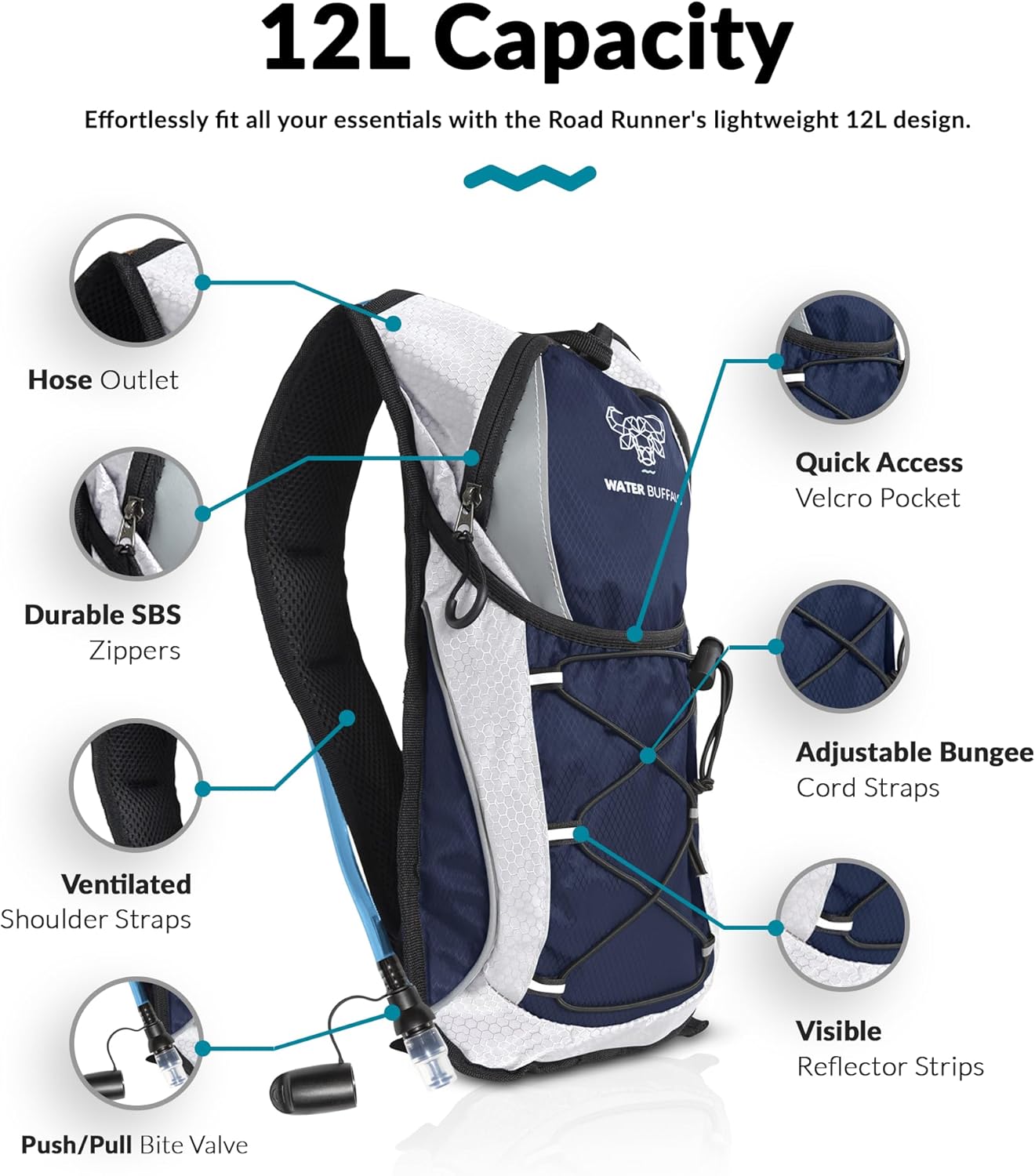Water Buffalo Hydration Backpack - Lightweight Hydration Pack with 2L Water Bladder - Water Backpack for Hiking, Running, Biking, and Raves - Road Runner 12L Hydropack Backpack