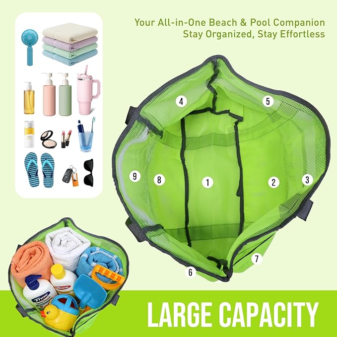 Large Mesh Beach Tote Bag, 9-Pocket Foldable Summer Vacation Beach Bag for Travel, Pool, Gym, Cruise