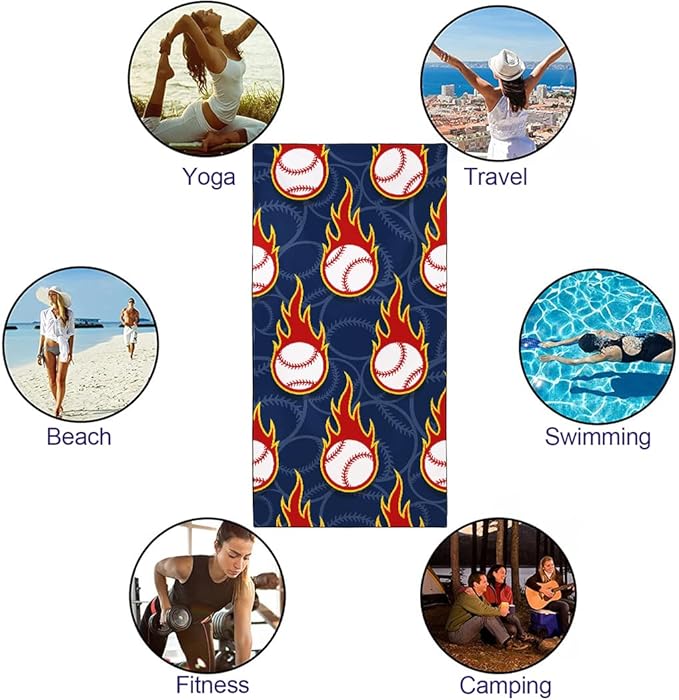 Flame Baseball Pattern Beach Towel 36"x72" Quick-Dry Sand-Free Soft Microfiber Pool Camping Travel