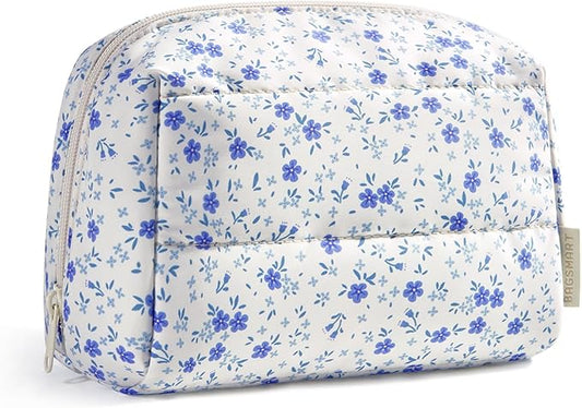BAGSMART Makeup Bag, Wide Opening Cosmetic Bag Compact & Spacious, Water-Resistant Travel Organizer Pouches for Women (Blue Ditsy Floral)