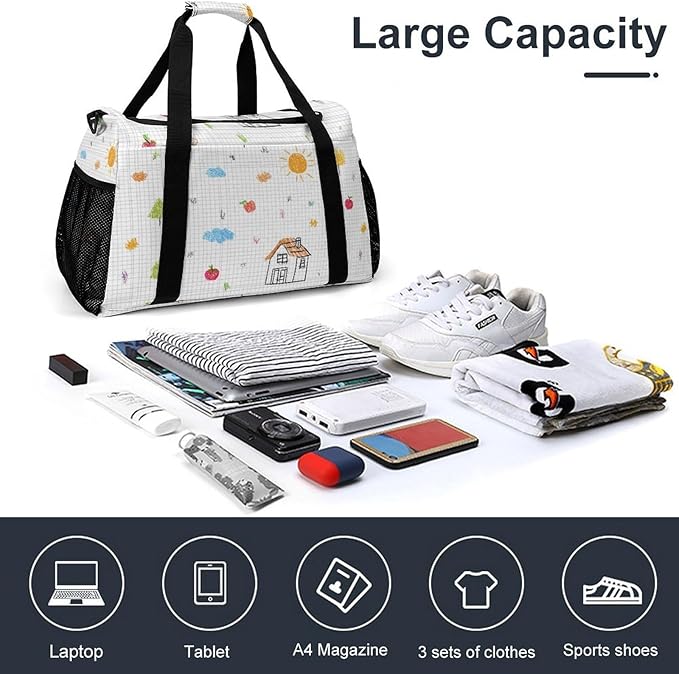 Cute Drawing Grid Paper Duffle Bag Gym Bag for Workout Travel Tote with Detachable Straps