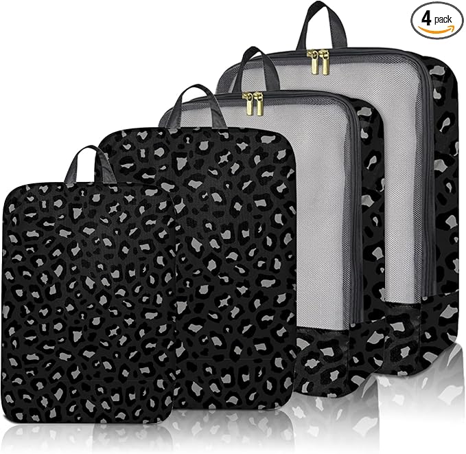 4 Set Packing Cubes Travel Luggage Organizers for Suitcase Travel Accessories for Women Girls Aesthetic Cute-Black Leopard Cheetah Pattern