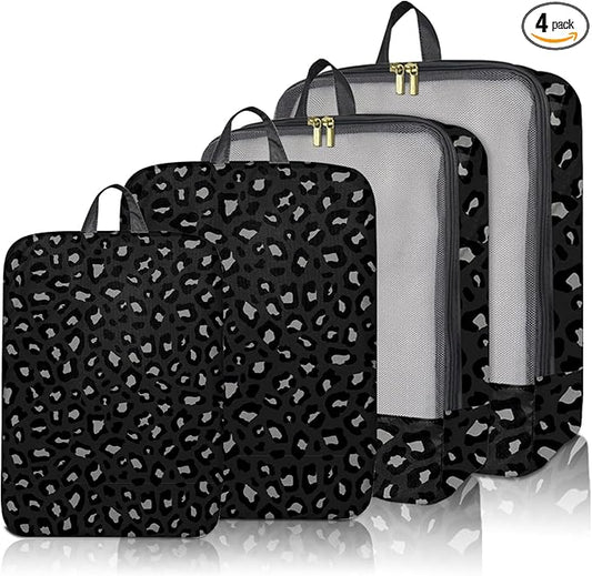 4 Set Packing Cubes Travel Luggage Organizers for Suitcase Travel Accessories for Women Girls Aesthetic Cute-Black Leopard Cheetah Pattern