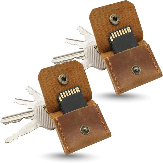 Jack&Chris Genuine Leather SD Card Holder Keychain, Anti-Shock Anti-Dust SD Card Case, Portable Camera Accessories for SD CF CFexpress Micro SD Nano SIM and Micro SIM Cards, Yellow Brown 2 Packs