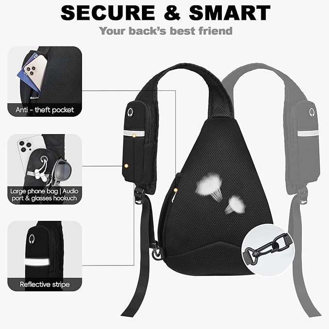 Seektop Crossbody Bag Anti-Theft RFID Blocking Waterproof 400D Nylon Lightweight Small Sling Backpack Shoulder Bags Chest Pack for Travel Hiking Outdoor Commuting Men Women Black