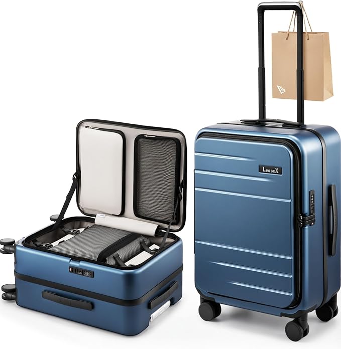 LUGGEX Carry On Luggage Top Opening, FLA Aluminum Frame Trunk Style Luggage 21 Inch, Polycarbonate Hard Shell Suitcase (FX-Enhance, Blue, 43L)