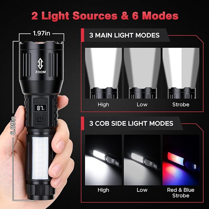 Rechargeable Flashlights 1,500,000L High Lumens 2 Packs, LED Super Bright Strong Powerful Handheld Flash Lights with 6 Light Modes, COB Side Light, Zoomable Beam for Outdoor Emergency Home