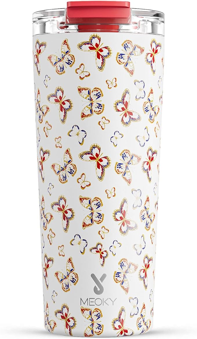 Meoky 24 oz Travel Coffee Mug with Leak-proof Lid, Stainless Steel Insulated Coffee Tumbler, Keeps Hot for 8 Hours or Cold for 24 Hours, Fits in Car Cup Holder (Jewel Butterfly)