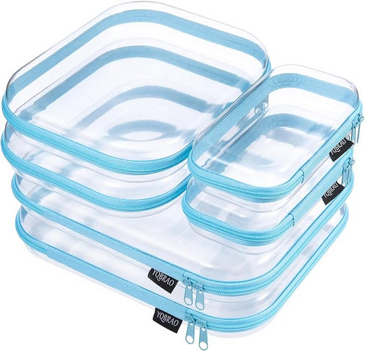 6 Pack Clear Hard Shell Zipper Case, See-Through Hard Plastic Organizer Pouches with Zipper for Travel, Toiletries, Makeup, Electronics & Pencils - Crush-Resistant Storage (Blue)