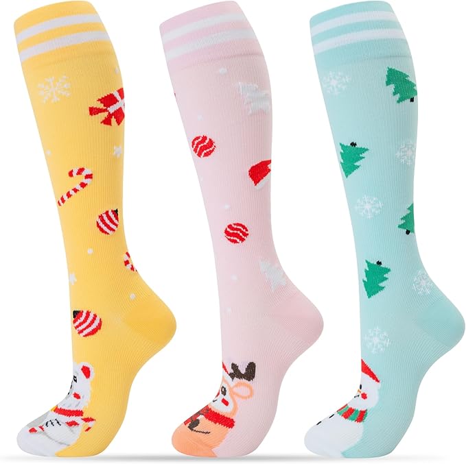 fenglaoda 3 Pairs Compression Socks for Women & Men Knee High Nurse Pregnant Cute Medical Running Travel Athletic