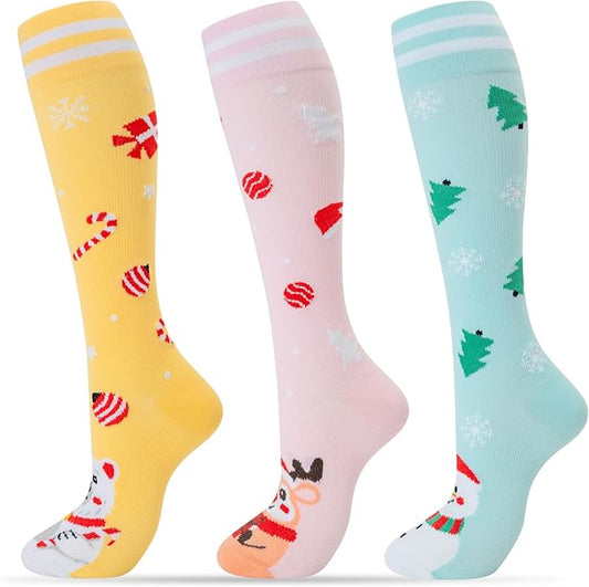 fenglaoda 3 Pairs Compression Socks for Women & Men Knee High Nurse Pregnant Cute Medical Running Travel Athletic