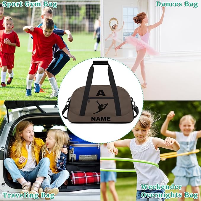 Personalize-Kids-Sports-Duffel-Bags With Custom Name Text Carry-On Overnight Travel Gym Lightweight Dance Pattern Sports Bags For Girls Boys Kids,Brown