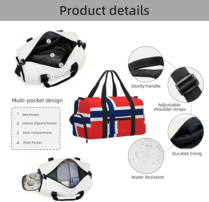 Norwegian flag Print Gym Bag with Shoe Compartment for Women Men, 17.7in Sports Duffle Weekender Tote, Overnight Travel Duffel Bag Carry On