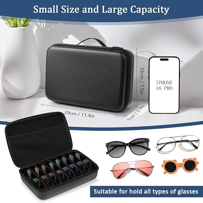 Travel Sunglasses Organizer, Hard Shell Sunglass Case Adjustable Slots for Multiple Sunglass Eyeglass Case