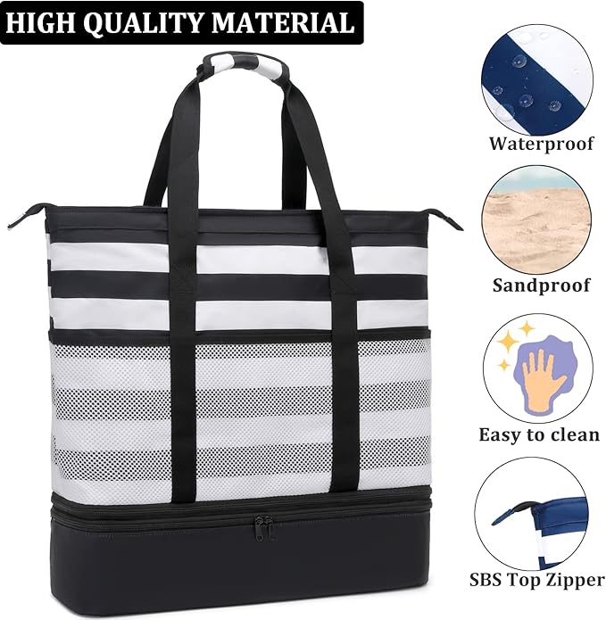 JIANYA Beach Bag Women Waterproof Sandproof Beach Tote Bags with Cooler Top Zipper Large Totes for Pool Travel Daily
