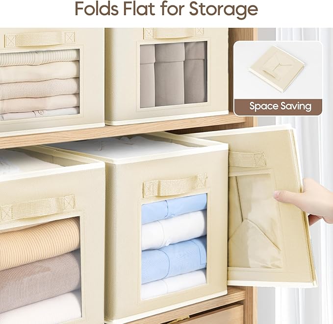 Storage Cube 11 Inch - Cube Storage Bins with Window, Closet Storage Baskets with Handle, Fabric Bins for Closet, Shelves, Toys, Clothes, Set of 14, Beige