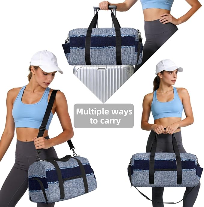 Denim Blue Jeans Bleached Denim Fabric Women'S Gym Duffle Bag With Shoes Compartment, Ideal For Travel, Gym, Sports, Duffel, Weekender