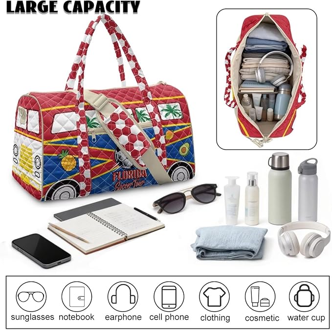 COEQINE Quilted Travel Bags for Men Large Quilted Tote Bag Large Floral Travel Bag Gym Bag Carry On Duffel Handbags,Florida Van Car on Red Blue