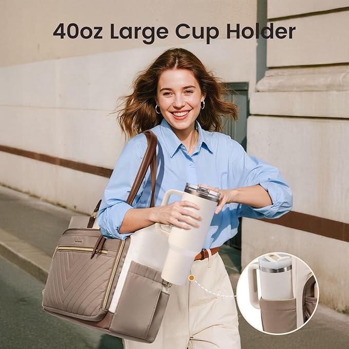 LOVEVOOK 17 Inch Laptop Tote Bag for Women, Diaper Bag for Travel, Teacher Work Bag with Large Cup Holder, Business Travel Ready Teacher Gift Tote for Nurse, Khaki-beige-Coffee