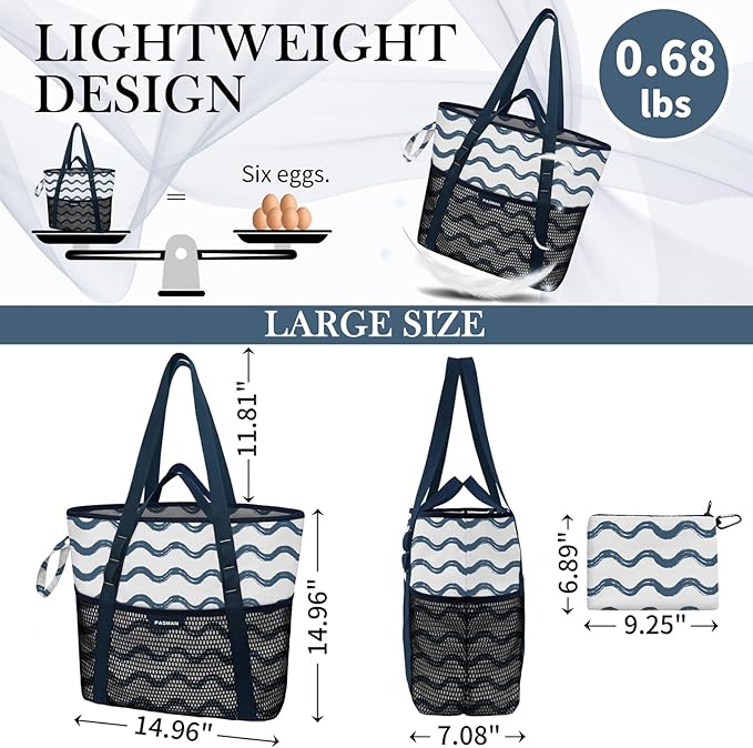 Large Beach Bag with Zipper-8 Pockets Sandproof Beach Tote Bag for Women,Foldable Lightweight Family Swim Bag Vacation