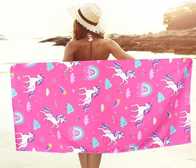 LIVILAN Pink Unicorn Rainbow Beach Towel, Perfect for Kids, Girls, Women, Soft Microfiber Bath, Pool, Swimming Towel, Thin, Quick Dry, Sand Free, Small 24"x 48", Cute Unicorn Gifts