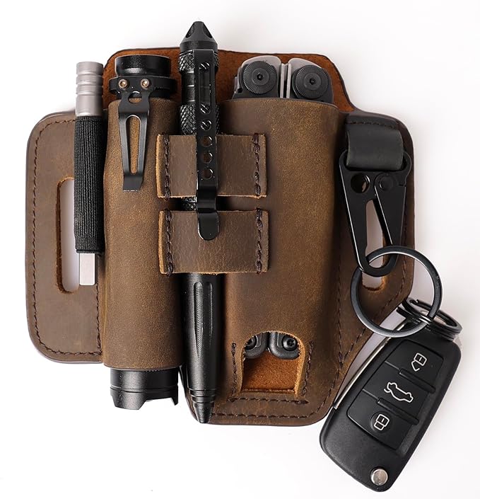 Gentlestache Multitool Leather Sheath for Belt, EDC Organizer, Multitool Pouch,Leather EDC Sheath with Elastic Band Pen Holder, Flashlight Holder and Keychain Clip, Practical Belt Pouch for EDC Gears