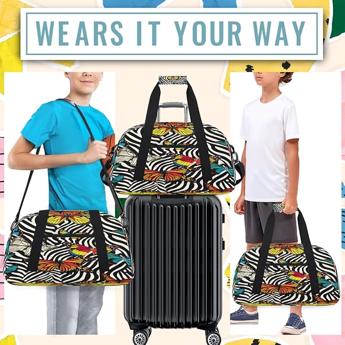 Travel Duffle Bag for travel duffle bag sports Girls Boys Kids Butterfly Zebra Lightweight Overnight Sleepover Weekender Bags Small Dance Gym Sport Bag Teens Carry-On Size Workout Bag