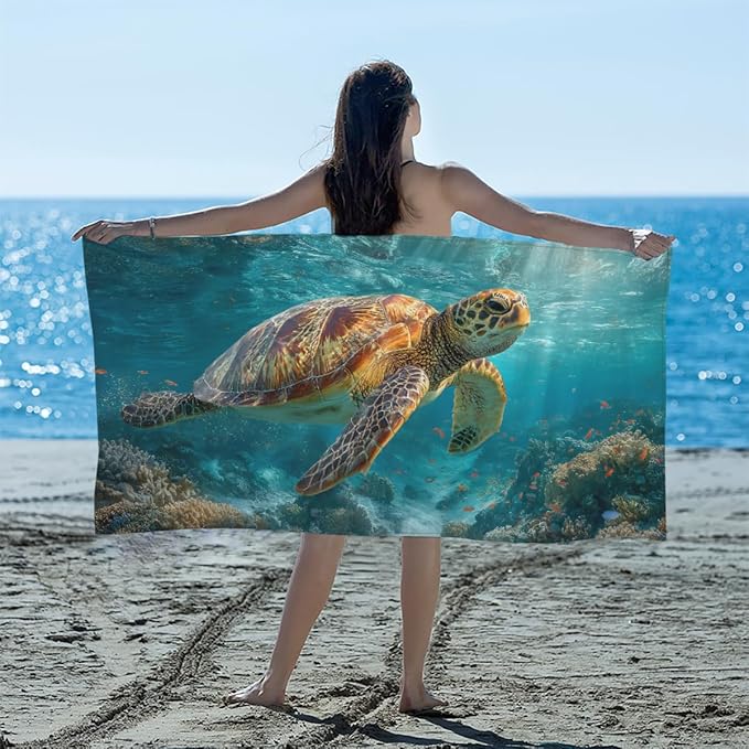 Sea Turtle Summer Animal Beach Towel, Large Microfiber Quick Dry Lightweight Pool Bath Towels Sand Free Beach Blanket for Summer Cruise Yoga Camping Travel Vacation Essentials 31 x 61 in
