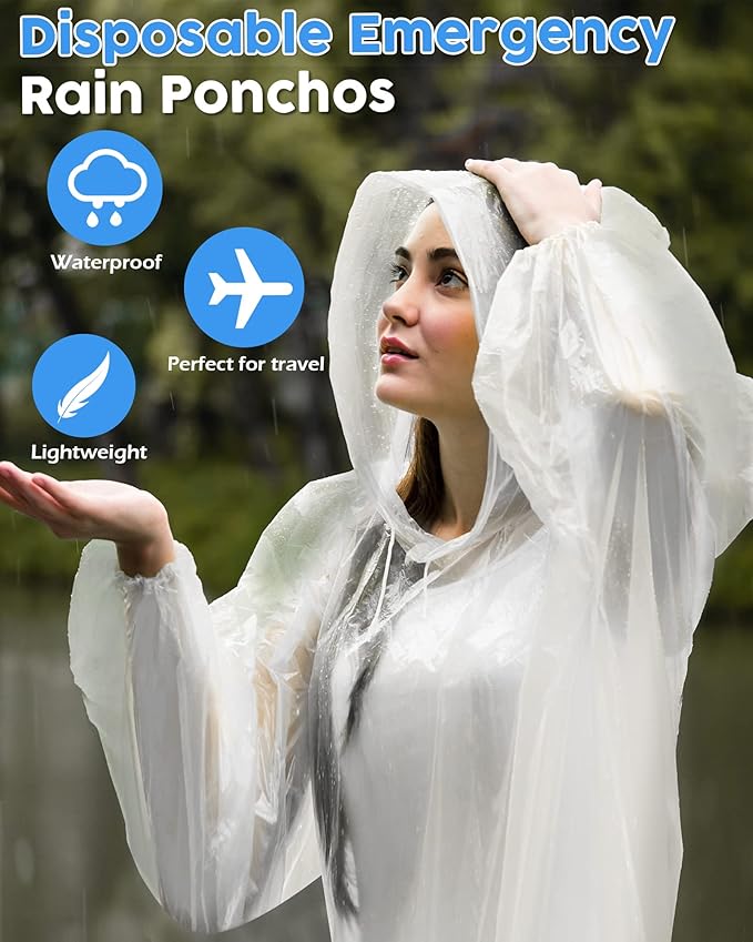 JaGely 80 Pack Disposable Adult Rain Ponchos Bulk Wedding Family Travel Theme Parks Homeless Hooded Elastic Outdoor Raincoat(Clear)