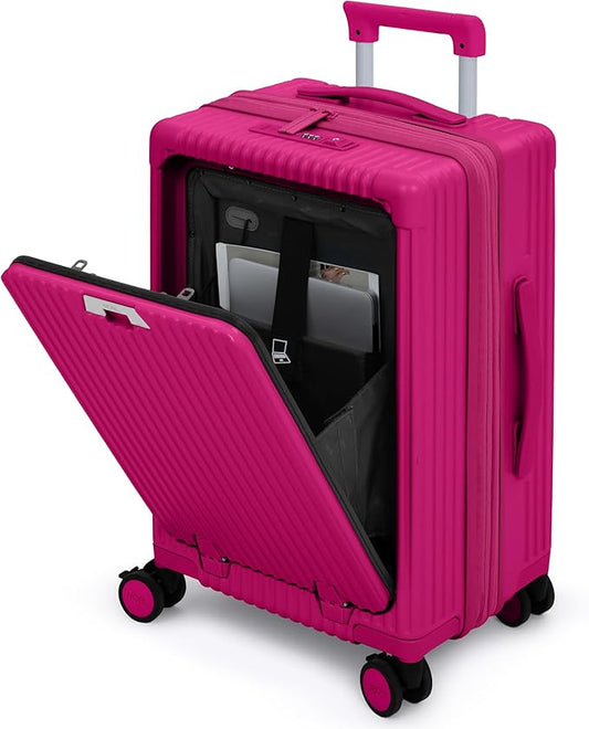 Nobl Travel Carry On Expandable Luggage, Noble Aluminum Frame PC Hard Shell Suitcase, 22.5”x14.2”x9.8” Airline Approved, 360° Spinner Wheels, TSA Locks, USB Charging, Cup & Phone Holder - Hot Pink