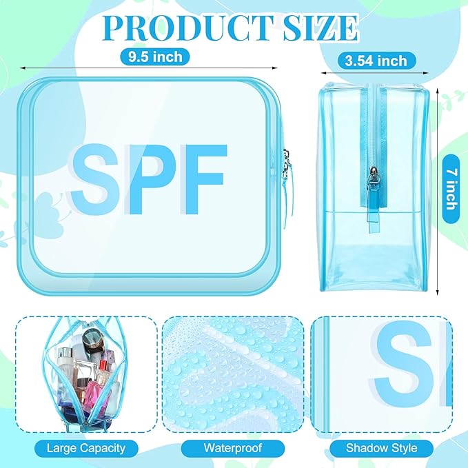 Clear Spf Bag Beach Makeup Pouch 9.5" x 7" x 3.5" Large Travel Cosmetic Toiletry Bag Blue PVC Waterproof Transparent Zippered Organizer for Women Girl Summer