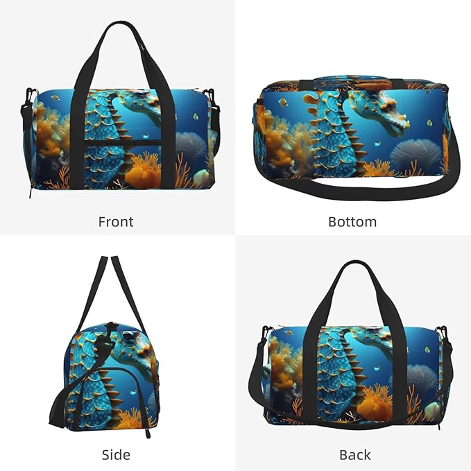 Blue Seahorse Print Gym Bag with Shoe Compartment for Women Men, 17.7in Sports Duffle Weekender Tote, Overnight Travel Duffel Bag Carry On