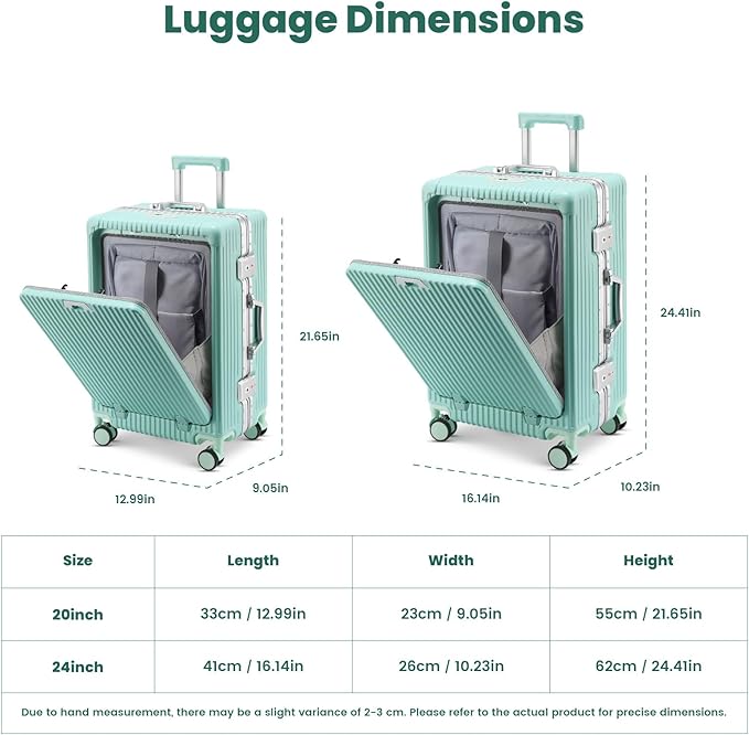 24-Inch Aluminum Frame Checked Luggage, Expandable Hard Shell Spinner Suitcase with Front-Open Pocket, USB Port, Phone Holder & Cup Holder for Men & Women Travel, Mint Green