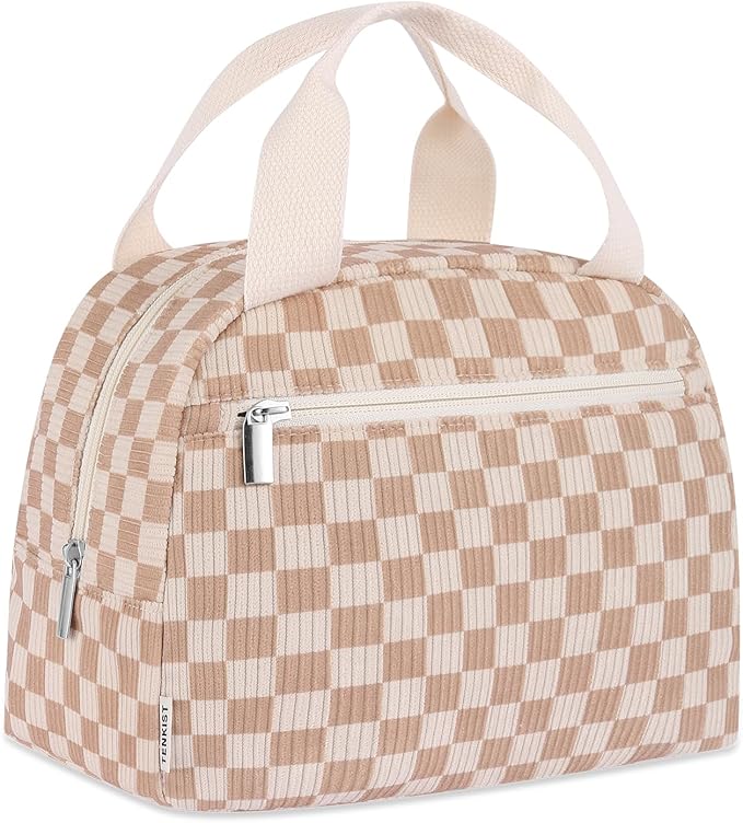 Cute Lunch Box Tote Bag - Corduroy Insulated Cooler Bags for Women - Lightweight Reusable Portable Soft Lunch Pail Kit for Kids Teen Girl Adults Work School Picnic Travel Checkered Brown 8L