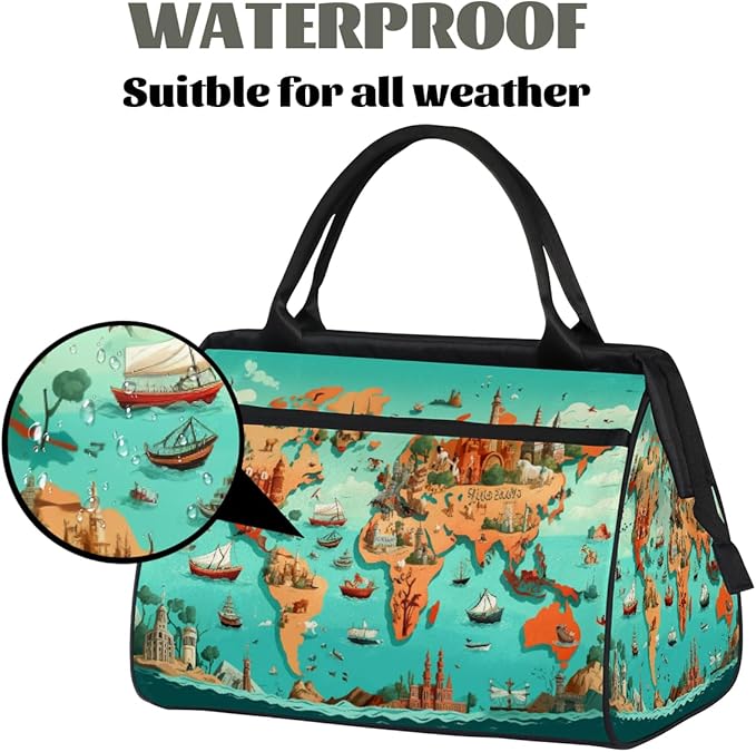 Gym Bag for Women Men, World Map Sports Duffel Bags, Waterproof Travel Weekender Overnight Carry On Tote Bags for Travel Sports