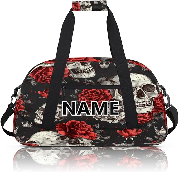 Skeleton Mini Gym Bag 18 inch for Women Men Waterproof Custom Sugar Skull Floral Travel Duffel Bag Carry On Overnight Tote Nurse Bag for Work Fitness Hiking