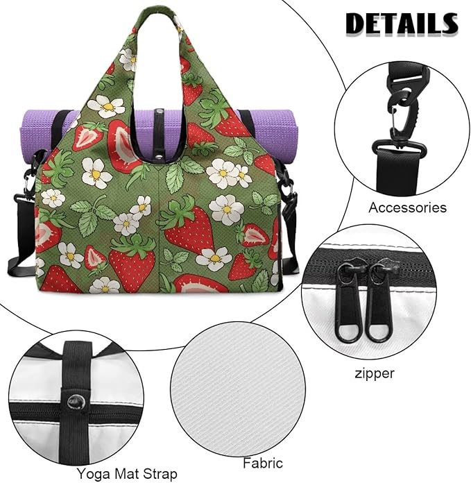 Strawberry Gym Bag with Shoe Compartment and Yoga Mat Holder, Waterproof Daisy Duffel Bag with Pockets Green Workout Bag for Men Fitness Workout Sports Bag