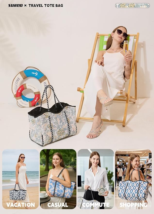 Neoprene Tote Bag for Women, Large Travel Beach Bag with Detachable Pouch, Stylish Lightweight Everyday Carryall