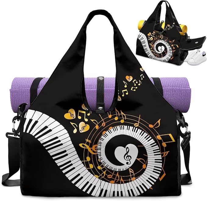 Musical Notes Heart Gym Bag for Women with Shoes Compartment and Yoga Mat Strap Large Capacity Duffle Bag for Dance Swim Travel Carry On Weekender Overnight Bags, Black