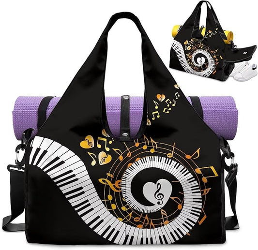 Musical Notes Heart Gym Bag for Women with Shoes Compartment and Yoga Mat Strap Large Capacity Duffle Bag for Dance Swim Travel Carry On Weekender Overnight Bags, Black